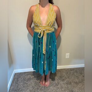 Marc By Marc Jacobs Striped Yellow and Teal Polka Dot Backless Dress